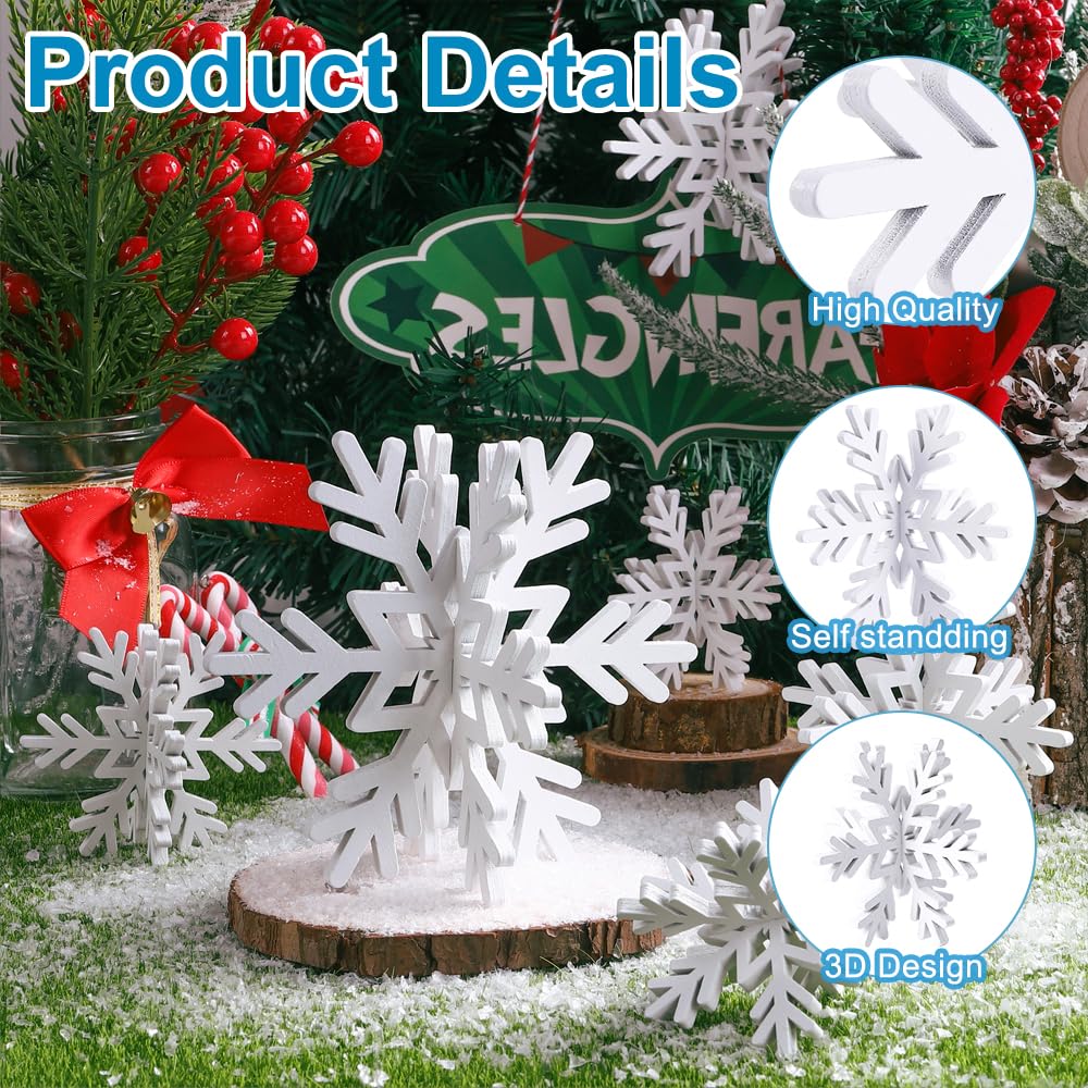 Vellibring 6 Set Christmas Wooden Snowflake Decoration Whit Winter 3D Snowflake Centerpiece Xmas Snowflake Signs for Tabletop Decor Photo Props Home Xmas Party Supplies