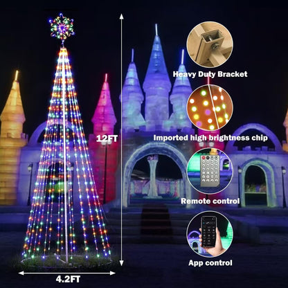 Mengstart Outdoor Lighting Christmas Tree Lights, 12FT Smart LED Outside Flag Pole Christmas Tree Light Show with 648 Lights for Yard APP & Remote Musical Control Xmas Tree, Arbol de Navidac