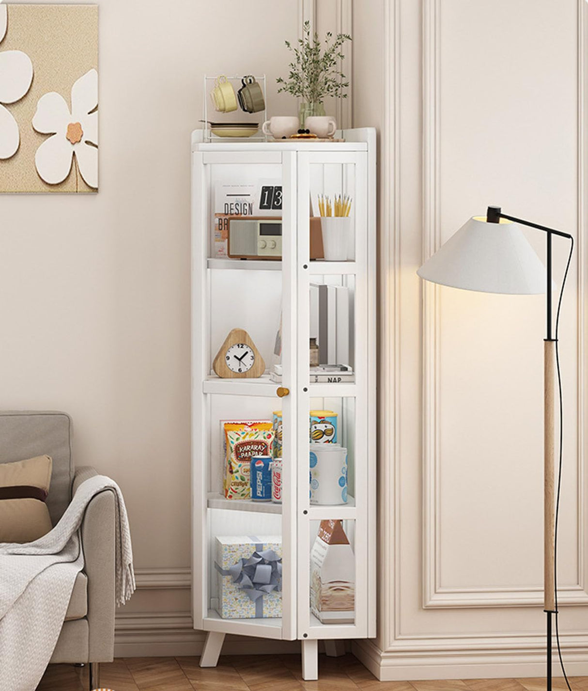 HXUQCZIG Tall Corner Curio Cabinet with Glass Doors, 5-Tier Shelves with Top Guard Rail for Living Room, Bathroom, Kitchen, Home Office White Corner Display Cabinet HXUQCZIG