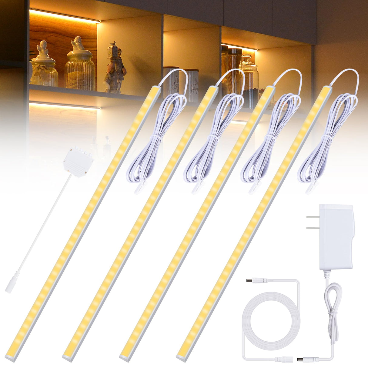 JUSJUBR 4PCS x 12inch Sector Display Cabinet Lights, Dimmable LED Shelf Lighting with Memory Function, Bookcase Lighting, LED Lights for Display Case/Pantry/Closet/Safe, Warm White 3000K JUSJUBR