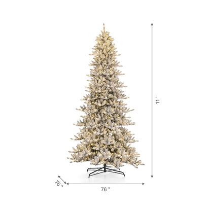 Glitzhome 11ft Pre-Lit Flocked Slim Fir Artificial Christmas Tree, Hinged Holiday Xmas Tree with 950 Warm White Lights,Metal Hinges & Base for Home, Office, Party Decoration