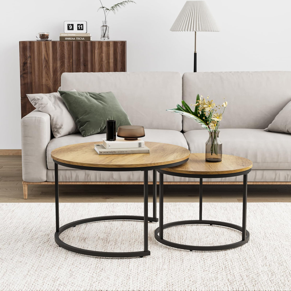 Smuxee Nesting Coffee Table Set of 2, 27.6" Round Coffee Table Wood Grain Top with Adjustable Non-Slip Feet, Industrial End Table Side Tables for Living Room Bedroom Balcony Yard Smuxee