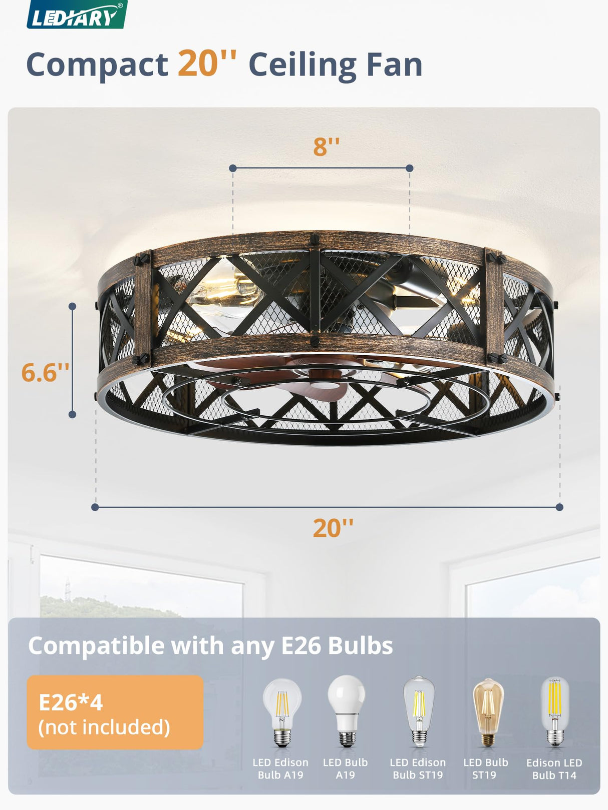 LEDIARY 20" Caged Ceiling Fan With Light, APP&Remote Control, Small Flush Mount Farmhouse Fan Lights, Low Profile Rustic Bladeless Ceiling Fan Fixtures For Bedroom, Kitchen-Black Gold Color LEDIARY