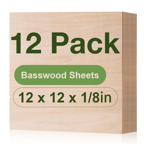 ROBOTIME 12-Pack 3mm Basswood for Laser Cutting - 12 x 12 x 1/8 Inch - Craft Wood A/A Grade Basswood Sheets 1/8" - 1/8" Plywood for Laser Cutting, Engraving & Wood Burning (Pyrography) ROBOTIME