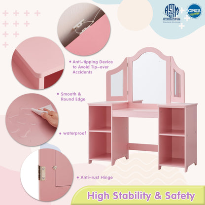 2 in 1 Kids Vanity, Princess Makeup Table with Open Storage Cabinet, Pretend Play Vanity with Detachable Tri-fold Mirror for Little Girls Age 3-9 (Pink)