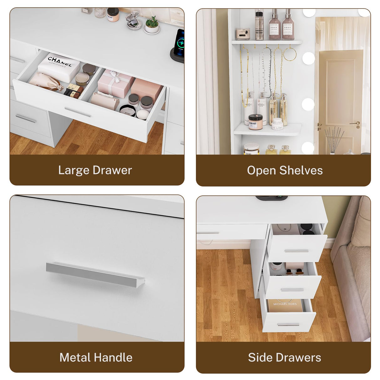 FIONESO Large Makeup Vanity, 43.3" Vanity Desk with Mirror and Lights, Makeup Vanity Table with 7 Drawers, 4 Shelves, 5 Jewel Hooks & Power Strip, Vanity Desk Set for Bedroom, White FIONESO