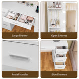 FIONESO Large Makeup Vanity, 43.3" Vanity Desk with Mirror and Lights, Makeup Vanity Table with 7 Drawers, 4 Shelves, 5 Jewel Hooks & Power Strip, Vanity Desk Set for Bedroom, White FIONESO