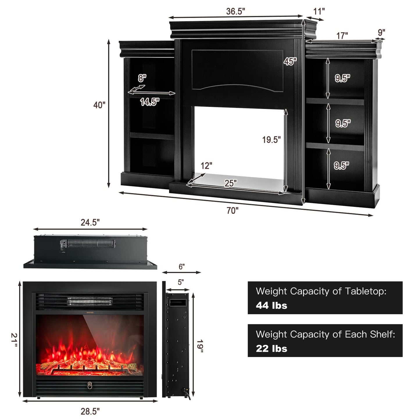 Tangkula 70" Mantel Fireplace, 750W/1500W Electric Fireplace w/Mantel & Built-in Bookshelves, 28.5-Inch Electric Fireplace w/Remote Control, 1-8H Timer, Adjustable Flame Brightness & Color (Black)