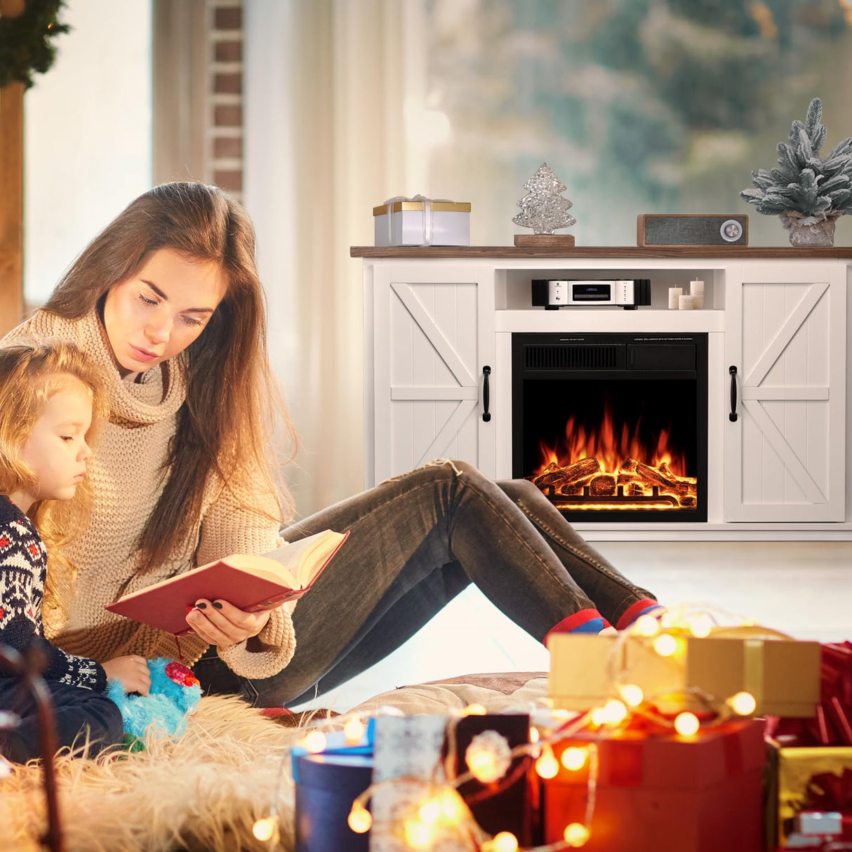 R.W.FLAME Fireplace TV Stand for 50 Inch TV, Modern Entertainment Center with 20" Electric Fireplace, TV Console with Open Shelves for Living Room and Bedroom, 48 Inch, Walnut R.W.FLAME