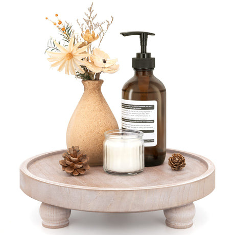 EOSAHR Farmhouse Wood Riser for Display : Decorative Pedestal Stand for Kitchen Counter and Home Decor - Elegant Round Waterproof Display Tray for Bathroom Soap, Sink, Vase (Natural Wood) EOSAHR