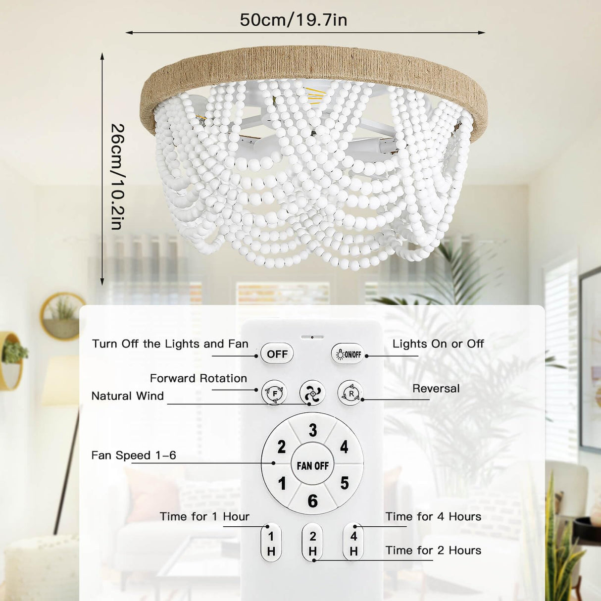 20 Inch Boho Ceiling Fan with Lights, Rustic Flush Mount Beaded Ceiling Fans with Lights and Remote Control, 6-Speed Reversible Bladeless Ceiling Fan for Kitchen, Bedroom, Living Room, Dining POPRHINO