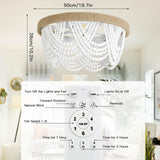 20 Inch Boho Ceiling Fan with Lights, Rustic Flush Mount Beaded Ceiling Fans with Lights and Remote Control, 6-Speed Reversible Bladeless Ceiling Fan for Kitchen, Bedroom, Living Room, Dining POPRHINO