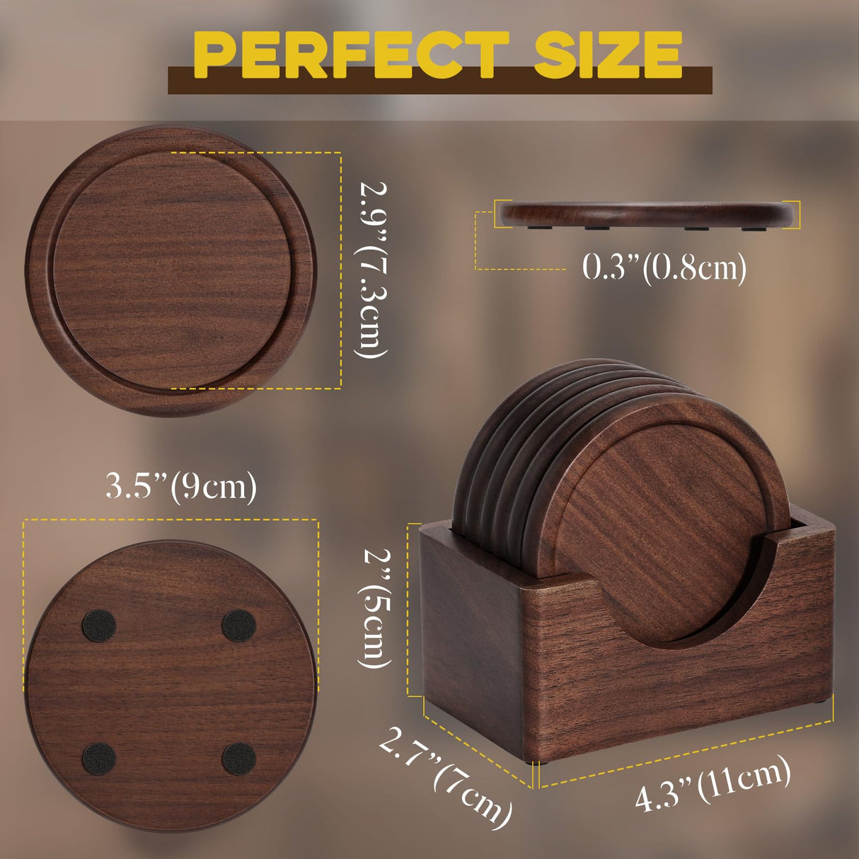 Wood Coasters with Holder, GOH DODD Set of 6 Wooden Coaster Set for Drinks Desk Coffee Table Home Kitchen Office Bar, Tabletop Protection Living Room Decor, Walnut Coasters, 3.6 Inch GOH DODD