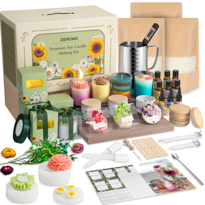 ZEROMX Candle Making Kit for Adults Beginners – Full Set DIY Candle Making Supplies with 1200g Soy Wax, Candle Jars, Color Dyes, Floral Molds, Gift Packaging & More – Perfect as Home Decorations