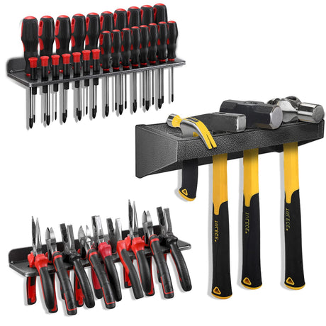 Screwdriver Organizer，Metal Screwdriver Organizers, Hammer Rack，Pliers Organizer, Wall Mounted Tool Organizers for Workshop，Set of 3 Tool Holder Organizer for Workbench AHOWPD