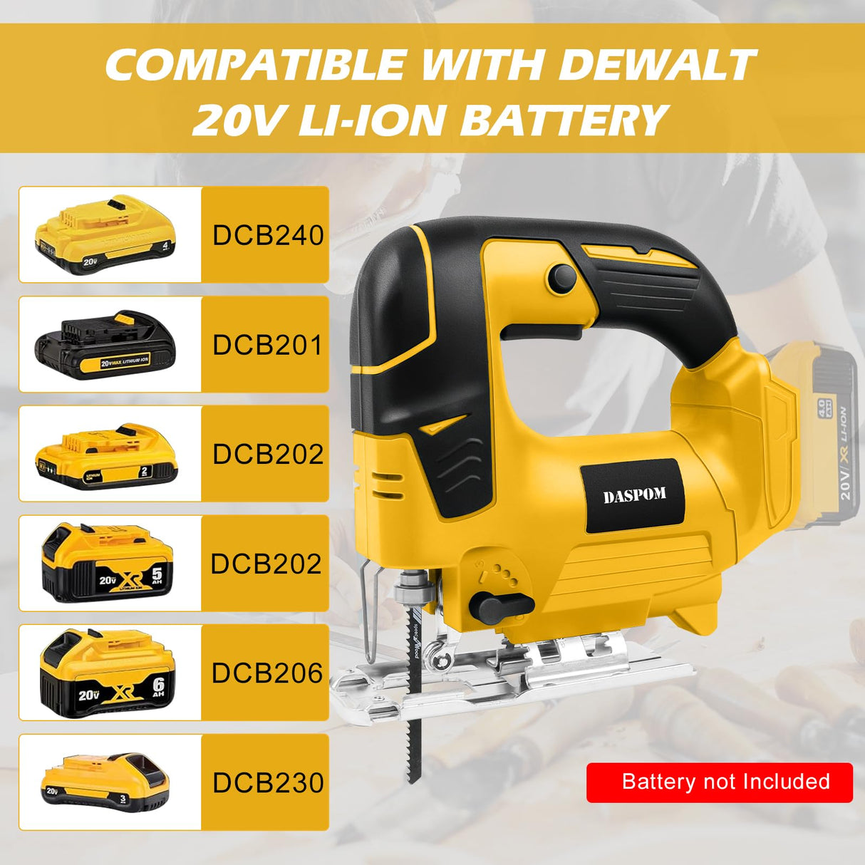 Cordless Jig Saw Compatible with Dewalt 20V Battery, Brushless Orbital Jigsaw with 2600 Blade Speed, with 10pcs Blades, 4 Orbital for Wood, Plastic and Metal Cutting (No Battery) Daspom