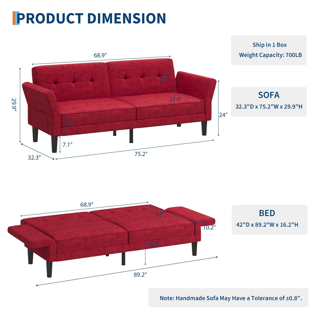 GarveeHome 89" Futon Sofa Bed, Convertible Sleeper Sofa with Adjustable Backrest & Armrest, Modern Futon Couch Bed, Loveseat Sleeper for Living Room Bedroom Apartments, Red GarveeHome