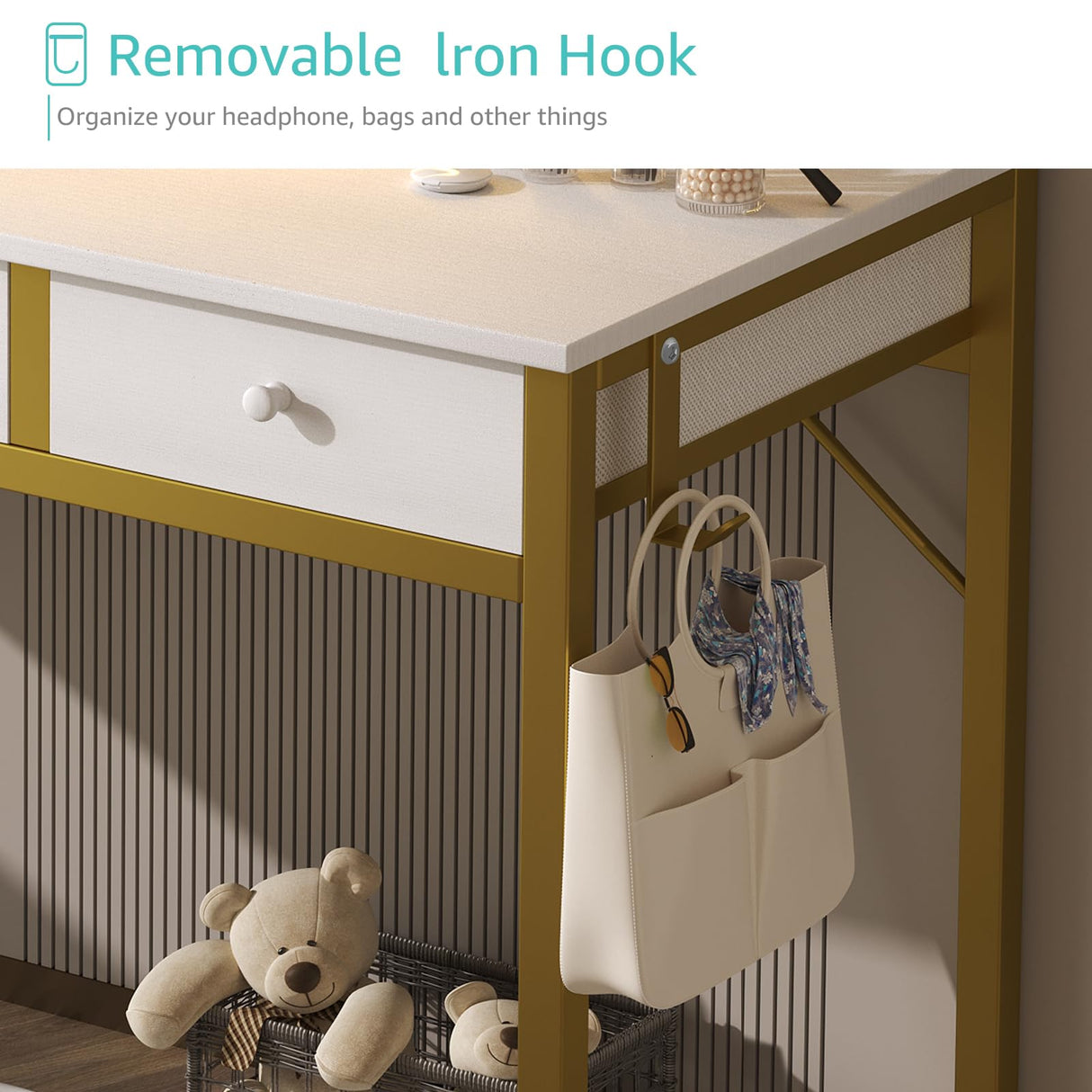 Lufeiya White Makeup Vanity Desk with Mirror and Lights, 40 inch Make Up Vanity Desks with Fabric Drawers & Charging Station, Dressing Table and Chair Set for Bedroom Girls, White Gold Lufeiya