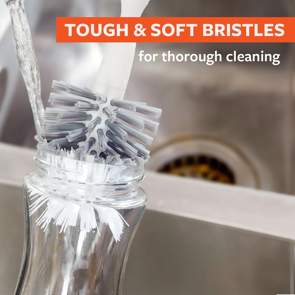 Full Circle Clean Reach Bottle Brush with Replaceable Bristle Brush Head, Bamboo Handle, White Full Circle