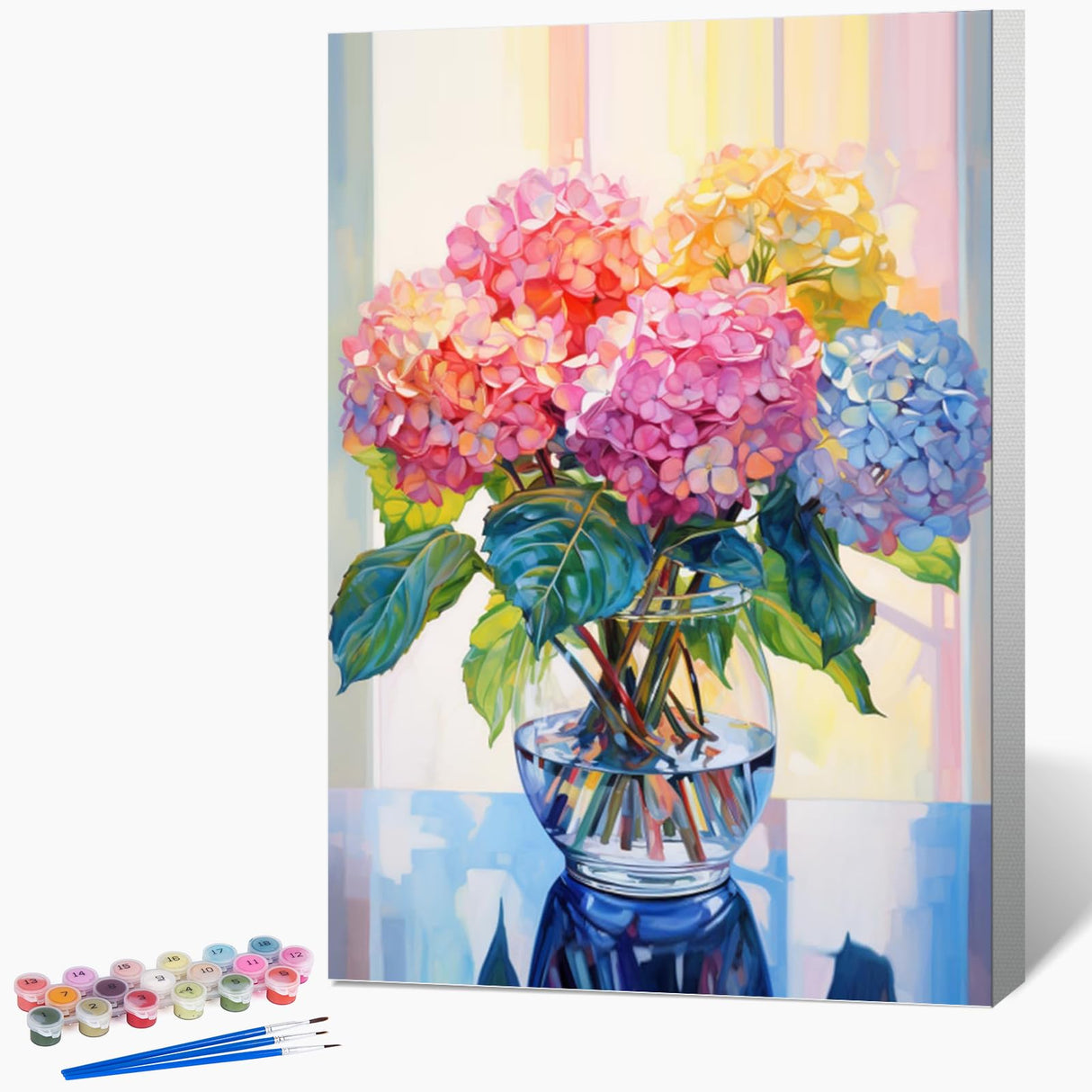Framed Paint by Numbers Kit for Adults Beginner & Kids Ages 8-12, Hydrangea in Glass Vase Window Paint by Number with Frame, Easy Acrylic Colorful Flowers Painting by Numbers Kit on Canvas 8x12 inch Fountor