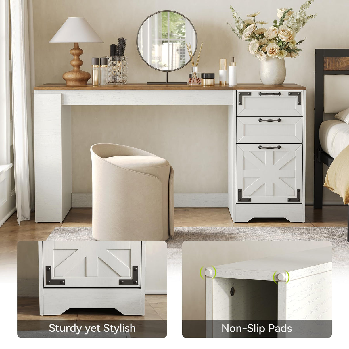 LITTLE TREE Office Desk with Drawers, 59" Farmhouse Executive Desk with Storage File Cabinet, Wooden Computer Writing Table for Home, Office, Bedroom, White & Brown LITTLE TREE