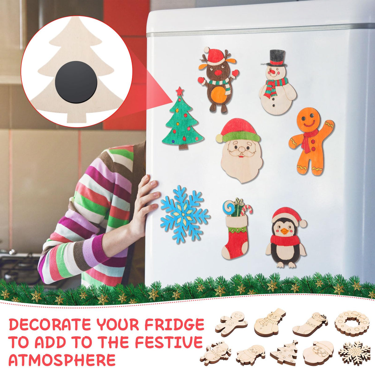 Blueweenly 84 Pcs DIY Wood Christmas Craft Magnets Set for Kids Christmas Day Craft Wooden Ornaments Unfinished Slices in 9 Styles Ornaments to Paint Crafts for Kids Blueweenly