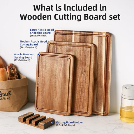 YUSOTAN Wood Cutting Board Set of 3 for Kitchen, Acacia Wooden Cutting Boards, Thick Chopping Board with Deep uice Groove Butcher Block, Wooden Trays for Meat, Fruit and Cheese YUSOTAN