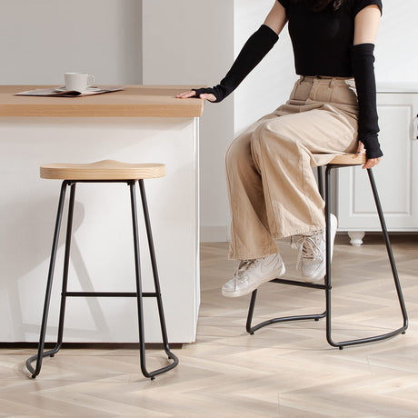 HeuGah Counter Height Bar Stools Set of 3, Solid Wood Bar Stool for Kitchen Island 26" Barstool with Metal Leg Rustic Backless Saddle Seat Stools HeuGah