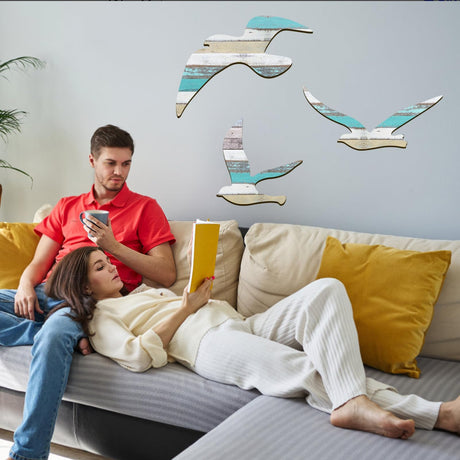 HINGTAI 3Pcs Wood Seagull Beach Wall Decor, Wall Art Beach Decorations Nautical Self-adhesive Seagull Decorations Coastal Themed Decors, Beach Seagull Ocean Decorations for Home Bedroom Living Room HINGTAI