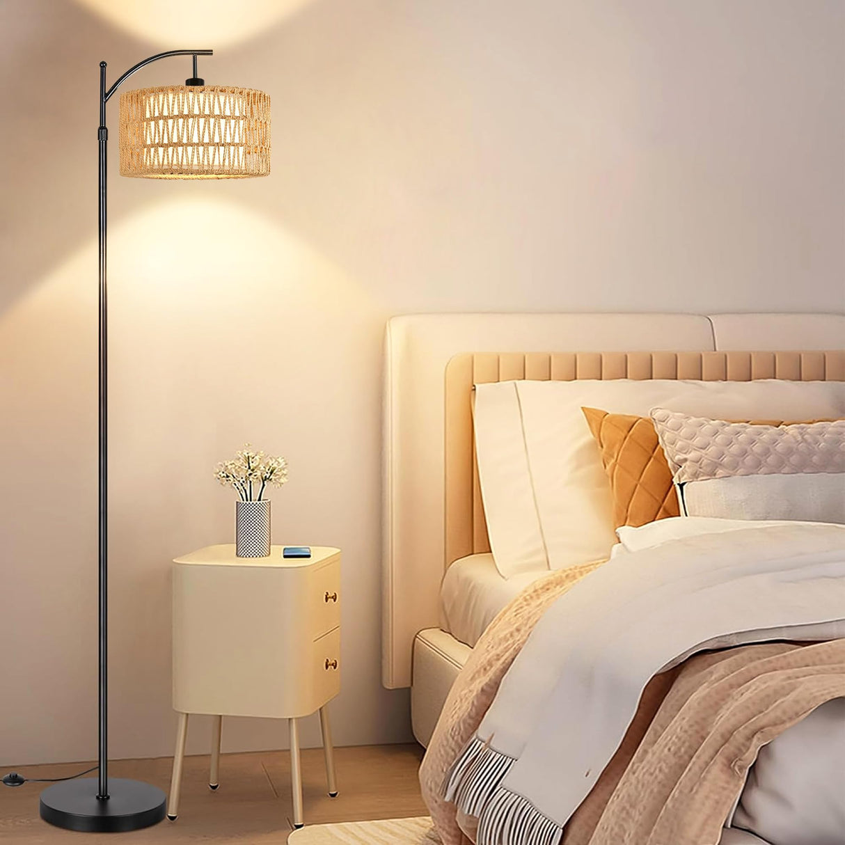 QIYIZM Floor Lamp for Living Room Bedroom with Remote Boho Rattan Arc Standing Lamp Dimmable Black Farmhouse Wicker Bamboo Lamp Shade Floor Light Adjustable Tall Lamp Industrial Floor Lamps Bohemian QIYIZM