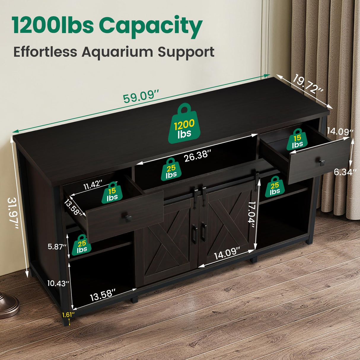 Fantico 75-120 Gallon Aquarium Stand with Power Outlets - Dual Aquarium Support, Cabinet Storage, Thick Hardwood Top, Versatile Socket with Adjustable Panels, 1200 lbs Capacity, Dark Brown Fantico