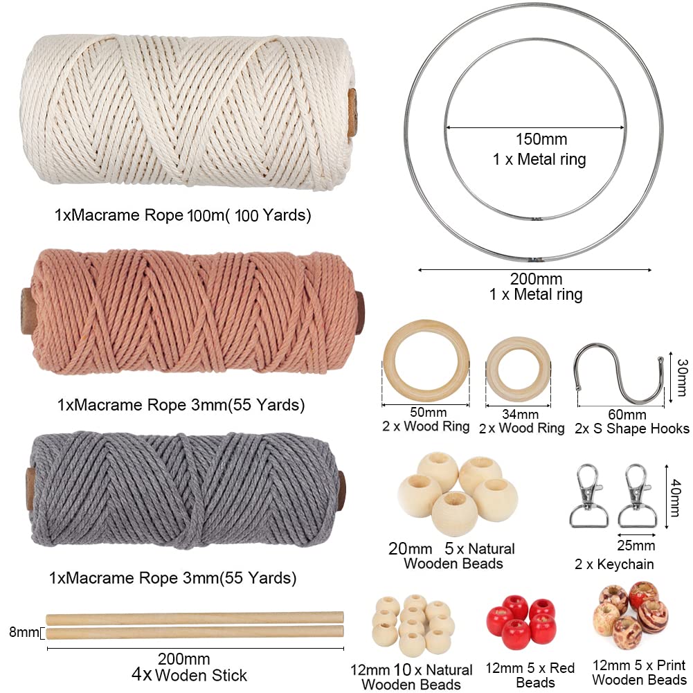 UHAPEER Macrame Kits for Adults Beginners with 656 Feet 3 mm Macrame Cotton Cord, DIY Macrame Plant Hanger Kit with Macrame Supplies and Instructions, Macrame Meads, Wooden Rings, Dream Catcher Rings UHAPEER