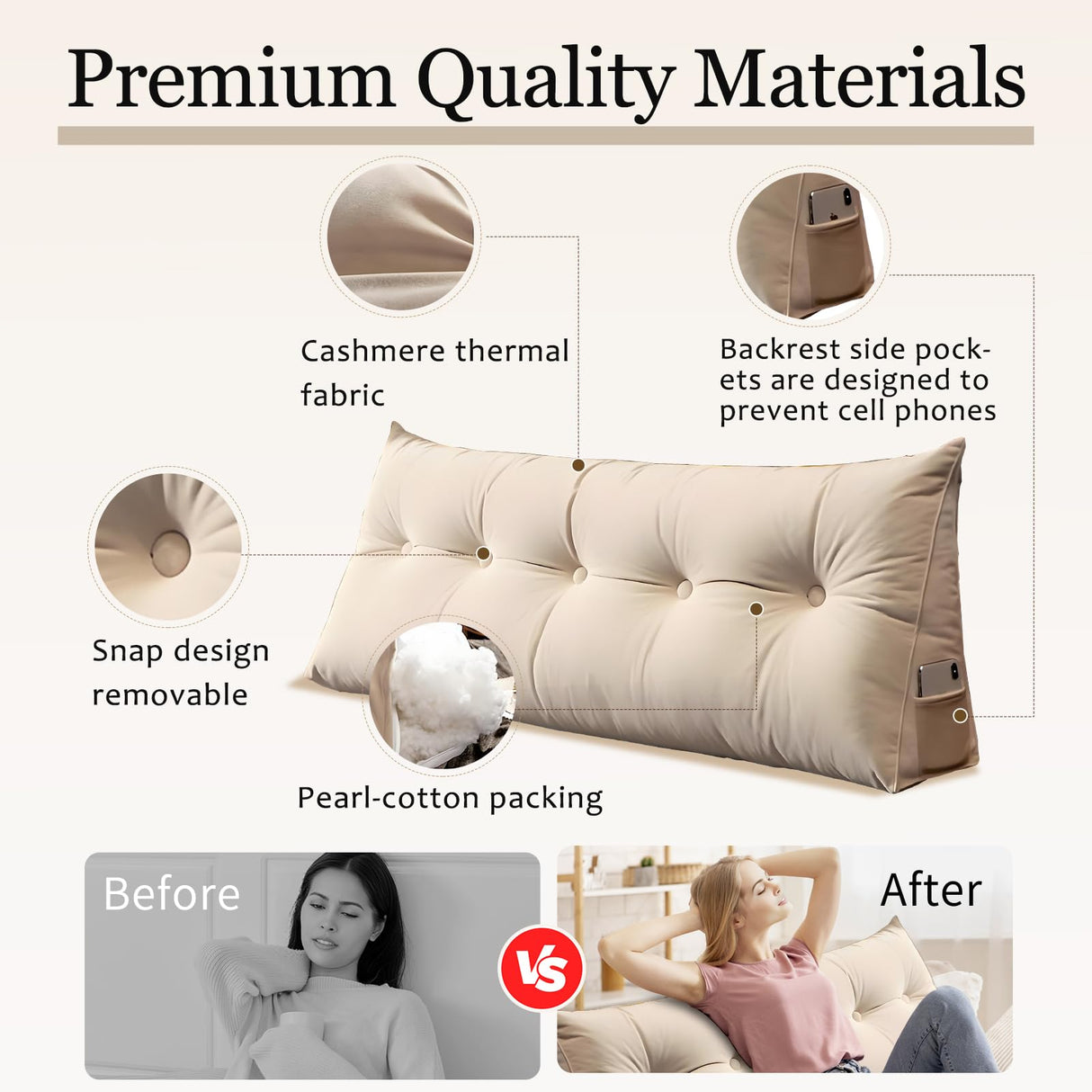 Triangular Wedge Headboard Pillow Bed Rest Backrest, Large Bolster Cushion Removable with Side Pockets Positioning Support for Reading Sitting Daybed Sofa Bunkbed, Brown 100cm (Brown-100cm) LOGICFEVER