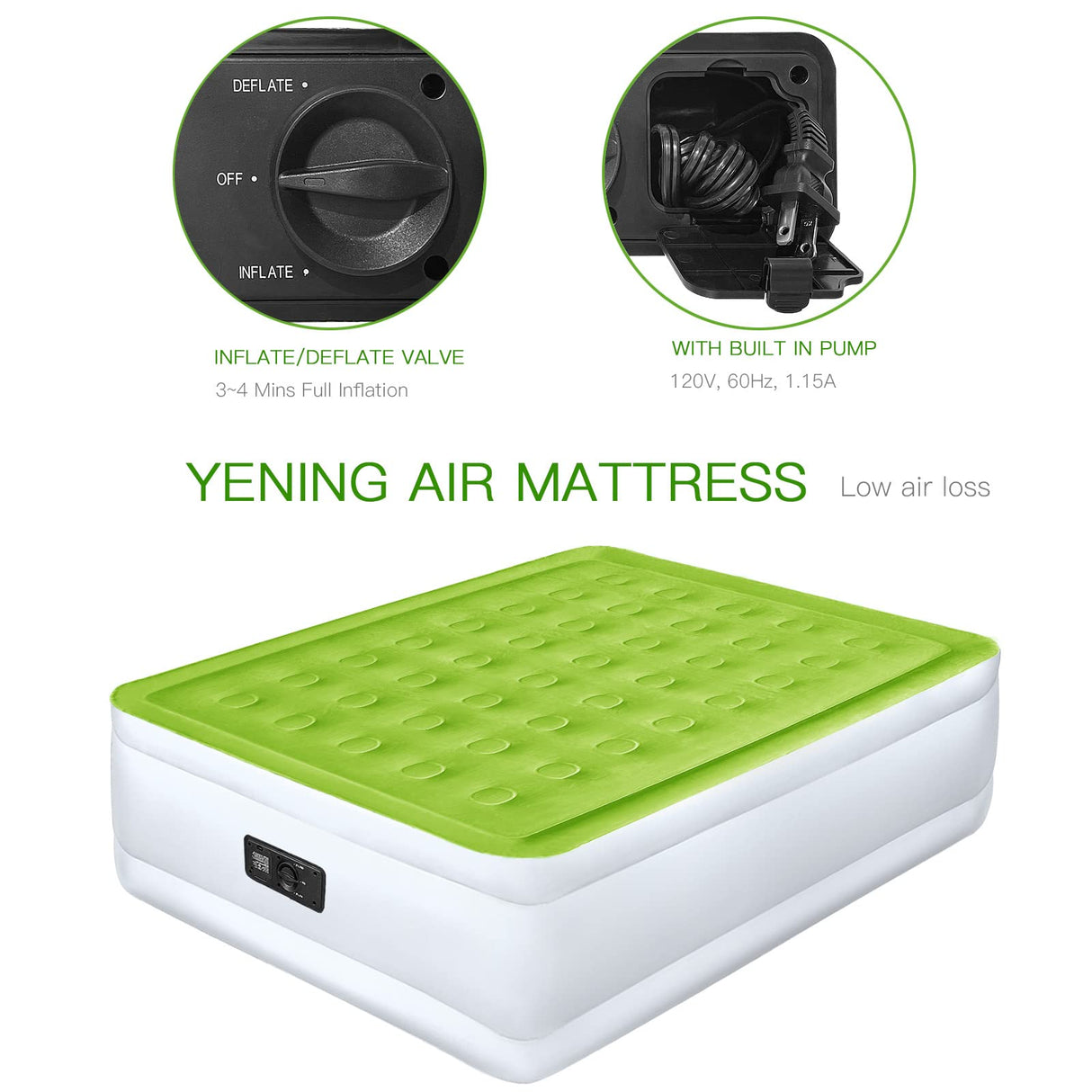 YENING Full Size Air Mattress with Built in Pump Raised Double Blow up Bed Inflatable Camping Airbed Electric 18 Inch Tall YENING