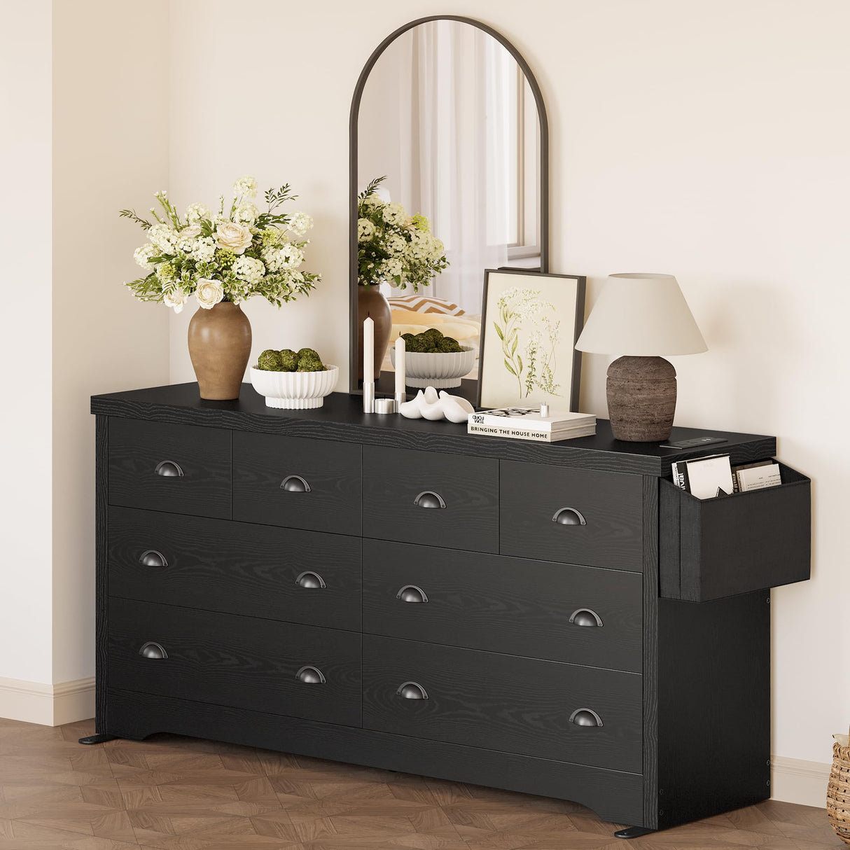 LIKIMIO Dresser 8 Drawer with Charging Station and Storage Bag, Wood Storage Chest of Drawers for Bedroom Living Room Hallway Entryway, Black LIKIMIO