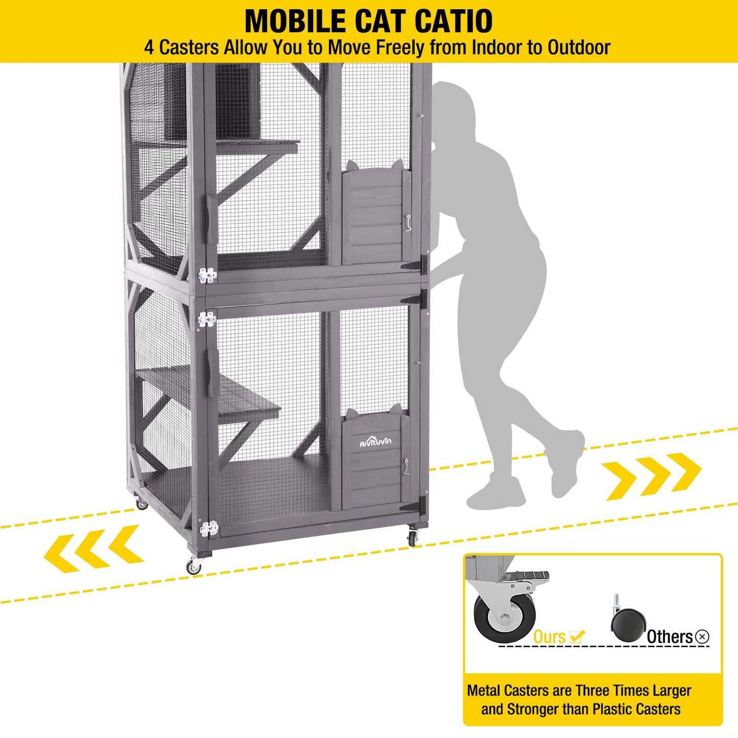 Aivituvin Cat House Outdoor Catio Cat Enclosures on Wheels70.9 Kitty House with Upgraded Resting Box,Waterproof Roof