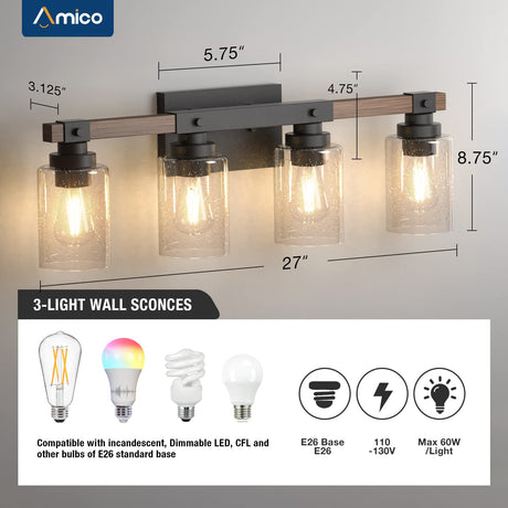 Amico Farmhouse Bathroom Vanity Light Fixtures,Rustic 4-Light Industrial Painted Wood Vanity Lights for Bathroom,Vintage Black Wall Sconces Bathroom Vanity Lighting with Bubble Glass Shade Amico