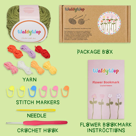 WaldyWop Crochet Kit for Beginners - 8 Flower Bookmarks Knitting Kit w/Step-by-Step Video Tutorials & Soft Yarn, Hook - Wobbles DIY Art Craft Kit for Adults Kids, Birthday Gifts for Women Girls Teen WaldyWop