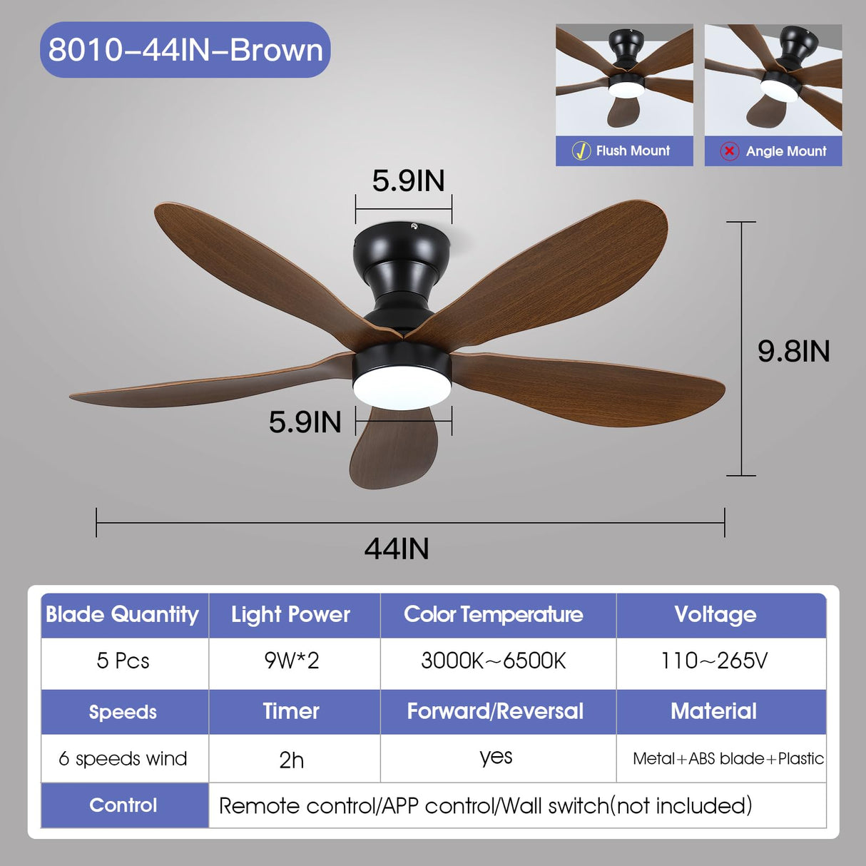 Kviflon 44 Inch Ceiling Fans with Lights, Modern Flush Mount Ceiling Fans with Remote/APP Control, Low Profile Ceiling Fans with 5 Reversible Curved Blades LED Lights 3 CCT Dimmable 6 Speeds, Brown Kviflon