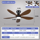 Kviflon 44 Inch Ceiling Fans with Lights, Modern Flush Mount Ceiling Fans with Remote/APP Control, Low Profile Ceiling Fans with 5 Reversible Curved Blades LED Lights 3 CCT Dimmable 6 Speeds, Brown Kviflon