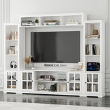 ROMSHINE Wall Unit Entertainment Center, TV Wall Units for Living Room with Storage, 102" W Large Farmhouse TV Stand with Glass Doors, Ajustable Bookshelf & Bridge for Bedroom, White ROMSHINE