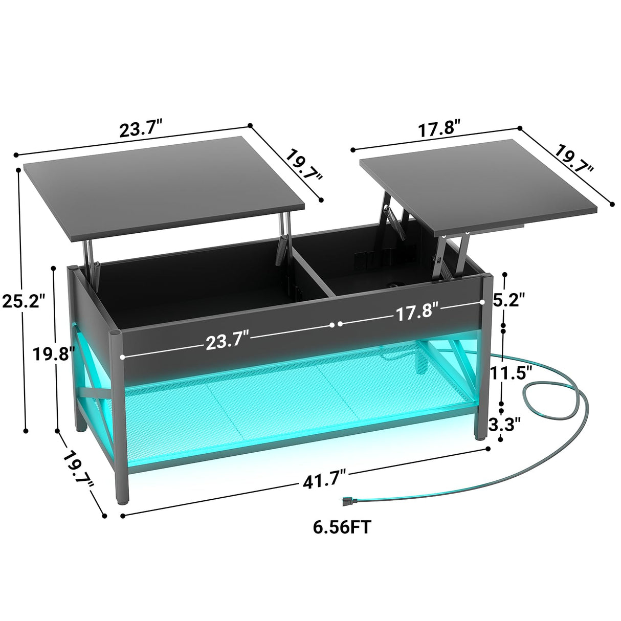 Aheaplus Black Lift-Top Coffee Table with LED Light, Power Outlets and Storage Shelf, 41.7"W x 19.69"L x 19.7"H Aheaplus