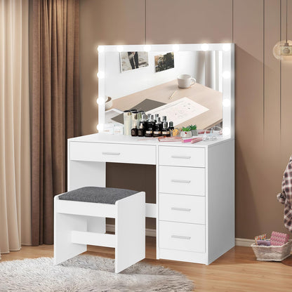 usikey Makeup Vanity with 12 Lights, Vanity Desk with Power Outlet, Makeup Vanity Table with 5 Drawers, Large Mirror, Dressing Vanity Table with Stool for Bedroom, Bathroom, White - WoodArtSupply