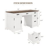 Whalefall 55'' Farmhouse Desk Home Office with Drawers, Executive Computer Desk Wooden with File Cabinet and Charging Station, White Whalefall