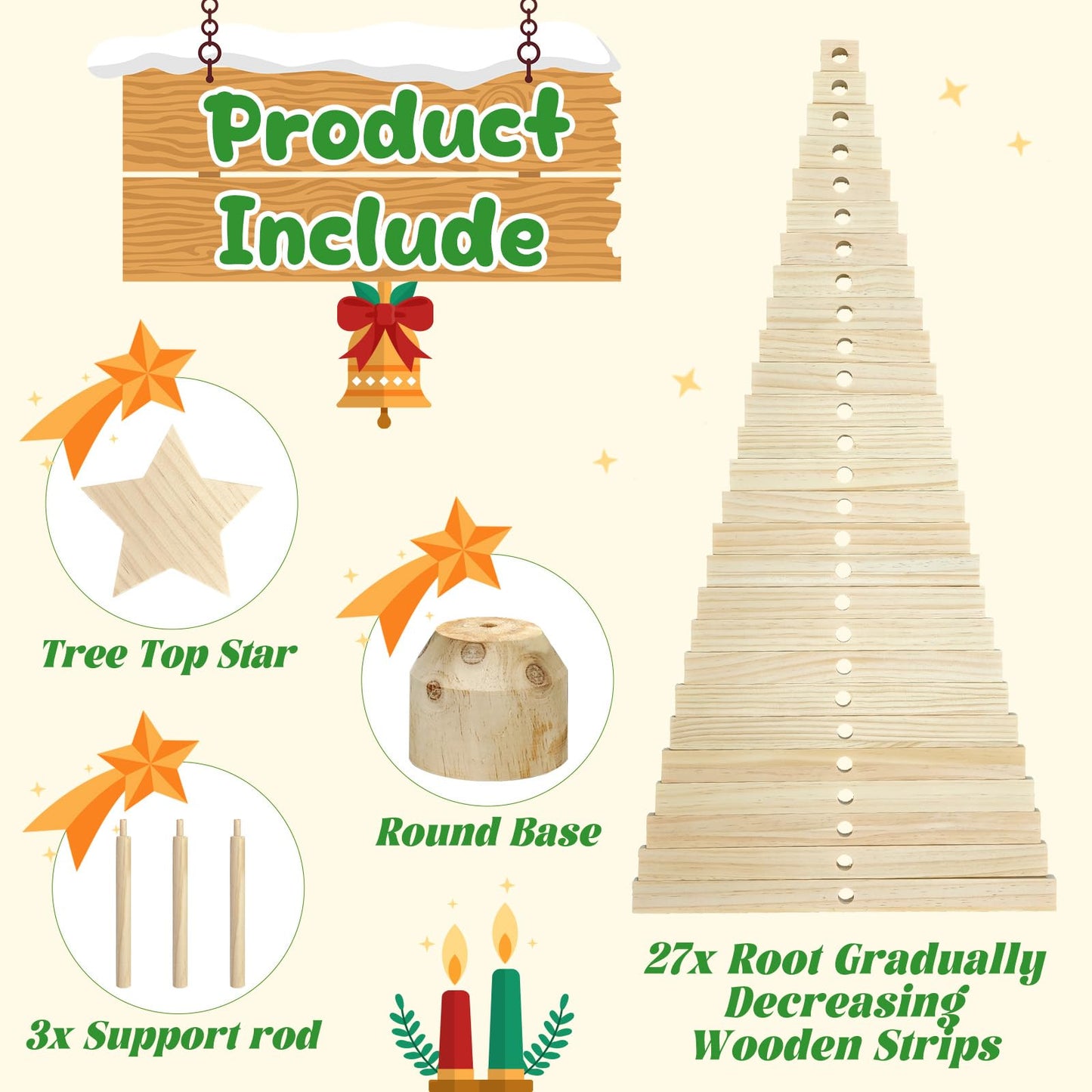 OurWarm 2 Foot Wooden Christmas Tree, DIY Wood Christmas Trees with 27 Pine Poles, Base, Christmas Tree Topper, Mini Small Tabletop Christmas Tree for Ornament Display Wooden Christmas Table Decor