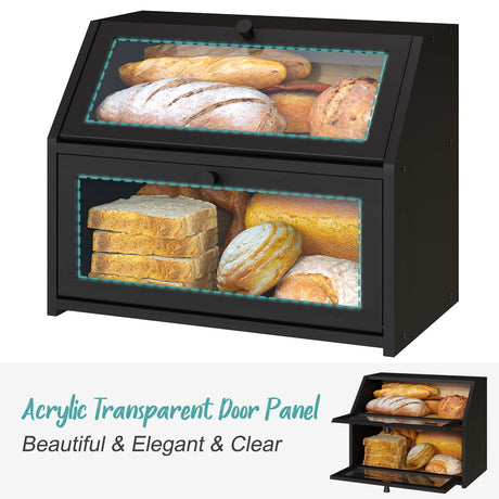 Vriccc Black Bread Box for Kitchen Counter, Large Bread Storage Container, Double Layer Bamboo Wooden Large Capacity Bread Storage Bin Vriccc