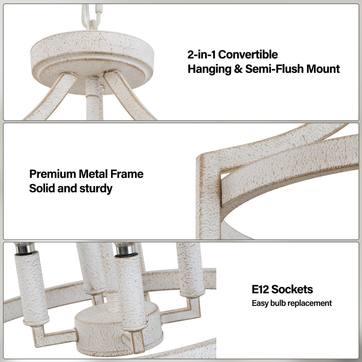 WBinDX 4-Light Farmhouse Chandelier, Distressed Hanging Pendant Lighting, Convertible Semi Flush Mount Ceiling Light Fixture Vintage White Metal Chandeliers for Dining Room Kitchen Foyer Entryway WBinDX