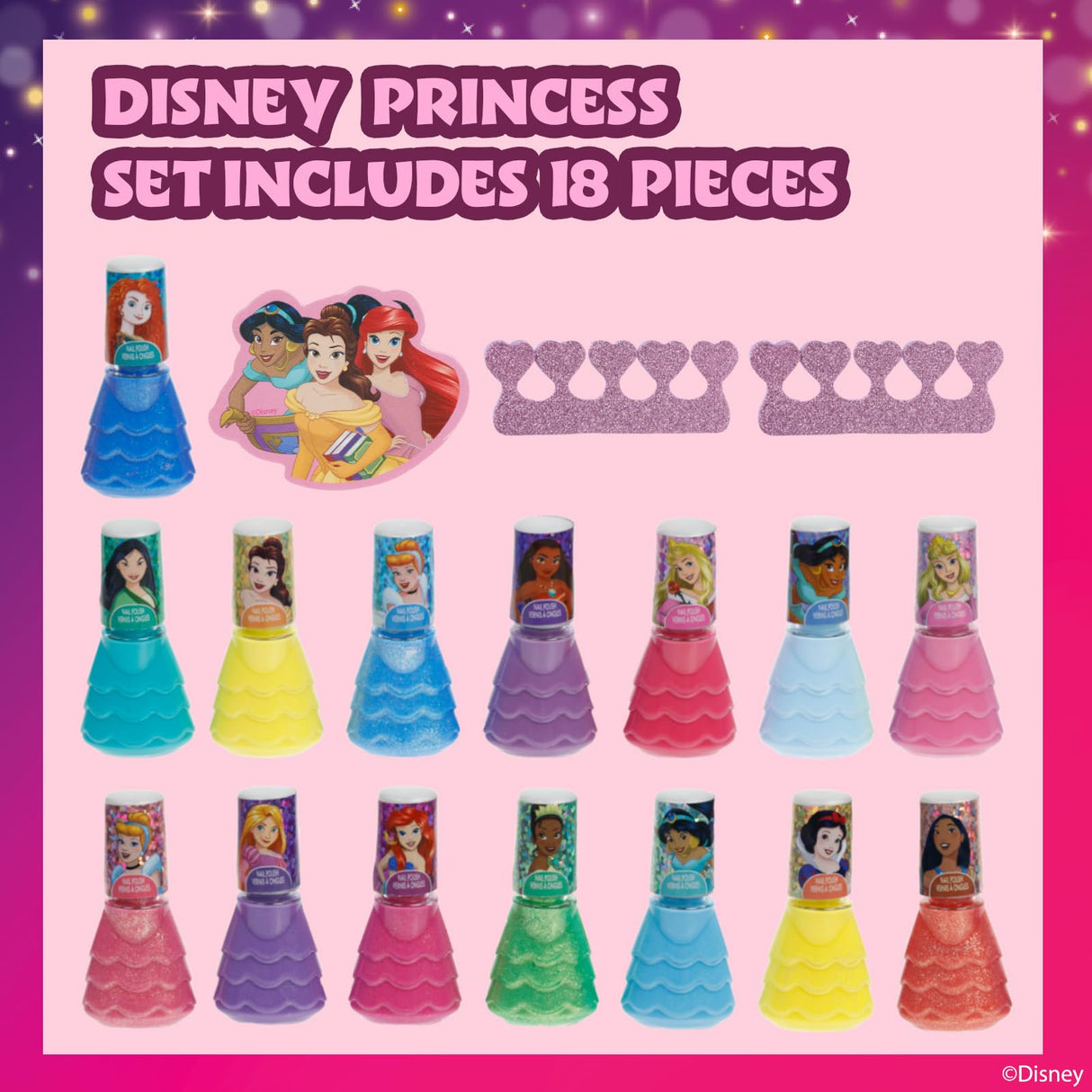 Disney Princess 15 Piece Water-Based Nail Polish with 3 Toe Spacers, Quick Dry, Peel Off, Gift Kit Set for Kids Girls, Ages 3 by Townley Girl Townley Girl