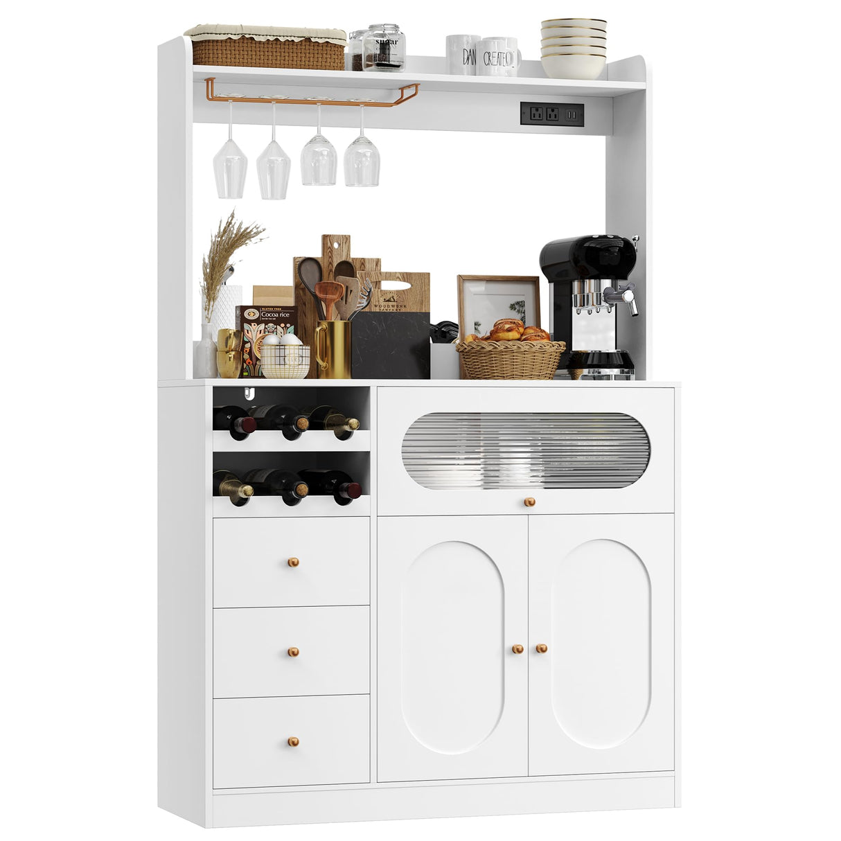 FACBOTALL Kitchen Pantry Storage Cabinet with Hutch, Buffet Cabinet with Storage, Coffee Bar Cabinet with Power Outlets, Microwave Stand, Wine Racks, Kitchen Cupboard for Dining & Living Room, White FACBOTALL