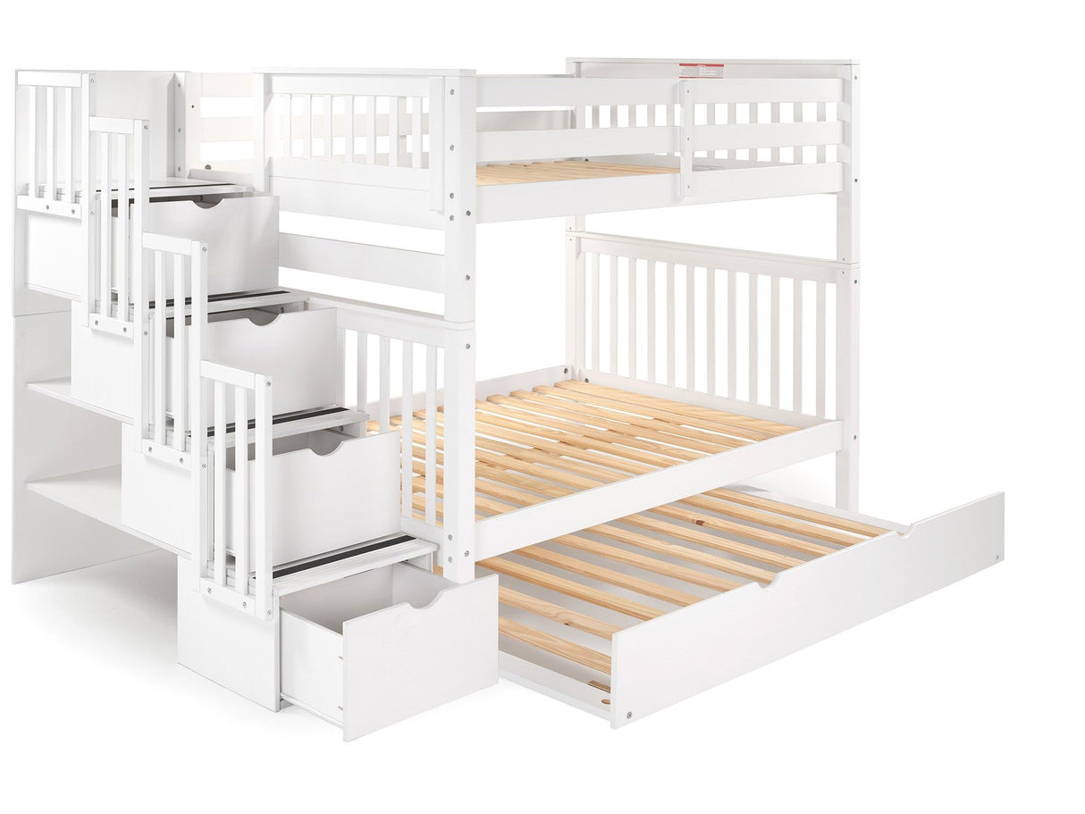 Bedz King Stairway Bunk Beds Full over Full with 4 Drawers in the Steps and a Twin Trundle, White Bedz King